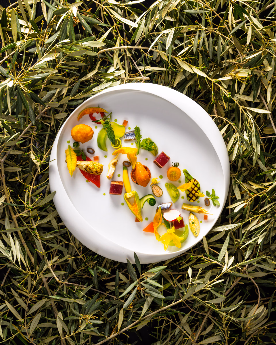 Un plat composé de divers légumes et fruits finement découpés et disposés artistiquement sur une assiette blanche posée sur de l'herbe